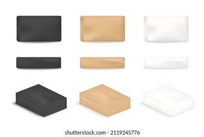 Soap in brown craft paper package, 3d realistic mock up. Black and white blank empty soap bar, vector mockup. Body hygiene product set, isolated top and side view.