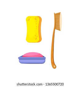 Soap, brush and sponge flat icon. Bathing, washing, body care. Bathroom concept. Vector illustration can be used for topics like hygiene, healthy lifestyle, healthcare