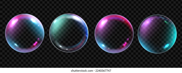 Soap bubble 3D vector set, transparent magic glass air rainbow ball kit, sphere collection. Shampoo round foam, flying shiny objects, isolated glossy circle shapes. Soap bubble realistic illustration 