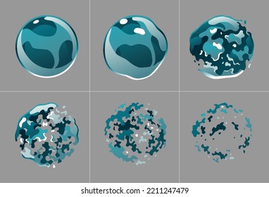 Soap Bubble Animation. Ball Chemical Or Water Spherical Figure. Round Burst Explosion Sprite Sheet Effect. Game Or Motion Design. Vector Isolated Frames Set In Cartoon Style