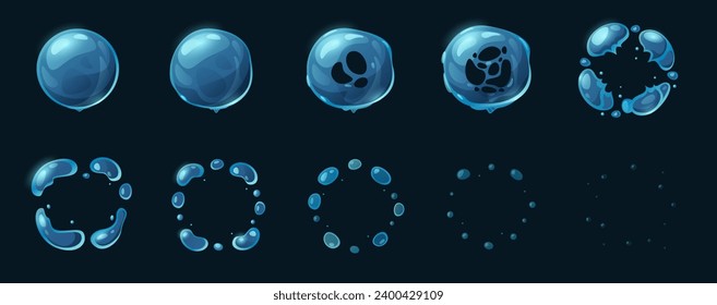 Animación de burbujas de jabón. Burbuja de caricatura que sopla y sopla, espuma y efecto de esfera de agua, activo primo de juego 2D. Secuencia de burbuja de agua vectorial de la ilustración de la burbuja de la bola de jabón