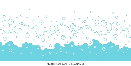 Soap bubble background line art, bath foam frame, cartoon shower water blue pattern, laundry transparent suds. Abstract wash vector illustration