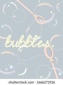 Soap bubble background with soap bubble wands. Light blue background with flying iridescent bubbles. Vector illustration of a soap bubbles and bubble wands. 