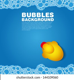 Soap Bubble Bath Blue On Background With Duck, Vector Illustration