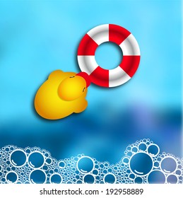 Soap bubble bath on blue background with duck and rescue wheel, vector illustration