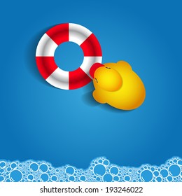 Soap bubble bath on blue background with duck and rescue wheel, vector illustration