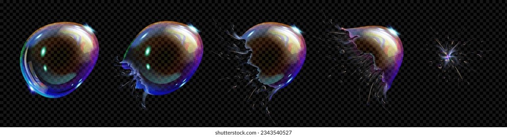 Soap bubble burst. 3d effect of water balloon explosion. Animation sprite sheet of burst sequence of transparent liquid sphere with iridescent reflection, vector realistic set