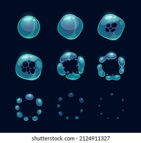 Soap Bubble Burst Effect Animated Sprite, Transparent Bubble Explosion. Vector Animation For Game Storyboard Of Cartoon Water Sphere Explosion With Splash And Drops. Set Of Balloons Sequence Explode