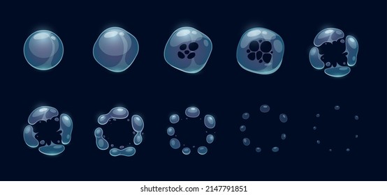 Soap Bubble Burst Effect, Animated Sprite Transparent Bubble Explosion, Vector Sequence. Cartoon Game Splash Of Soap Or Water Bubble Explode Animation, Ball Or Balloon Burst Effect Frame Sheet