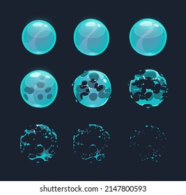 Soap bubble burst effect animated sprite. Vector storyboard for game animation. Water sphere explosion with splashes and drop splatters. Set of glossy blue balloons sequence explode frame