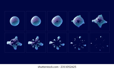 Soap bubble burst effect animated sprite sheet, transparent bubble explosion. Vector game animation storyboard of cartoon water sphere explosion with splash and drops. Set of balloons sequence explode