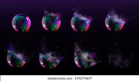 Soap Bubble Burst Sprites For Game Or Animation. Vector Storyboard Of Realistic Water Sphere Explosion With Splash And Drops. Set Of Sequence Explode Of Glossy Rainbow Bubble