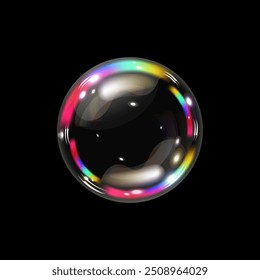 Soap bubble color spectrum on a black background. Realistic air bubble 3D graphics glare and transparency effect. Vector illustration.
