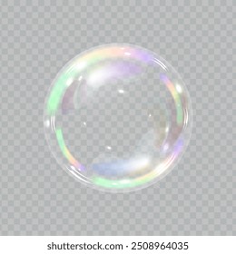 Soap bubble color spectrum on transparent background. Realistic air bubble 3D graphics glare and transparency effect. Vector illustration.