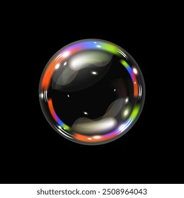 Soap bubble color spectrum on a black background. Realistic air bubble 3D graphics glare and transparency effect. Vector illustration.