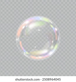 Espectro de cores de bolhas de sabão no plano de fundo transparente. Realista bolha de ar 3D gráficos brilho e efeito de transparência. Ilustração vetorial.