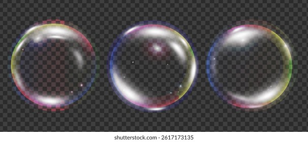 Soap bubble color spectrum on transparent background. Realistic air bubble 3D graphics glare and transparency effect. Vector illustration.