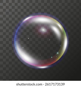 Soap bubble color spectrum on transparent background. Realistic air bubble 3D graphics glare and transparency effect. Vector illustration.