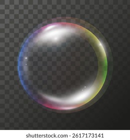 Soap bubble color spectrum on transparent background. Realistic air bubble 3D graphics glare and transparency effect. Vector illustration.