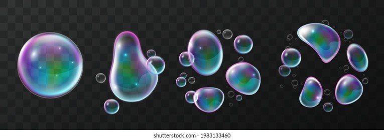 Soap bubble deformation. Realistic transparent balls with rainbow reflexes, disintegration phases into parts, objects division. Glossy round magic foam spheres collection, vector isolated set