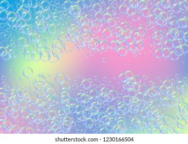 Soap bubble. Detergent bath foam and suds for bathtub. Shampoo. 3d vector illustration layout. Minimal fizz and splash. Realistic water frame and border. Rainbow colorful liquid soap bubble.