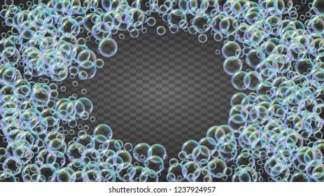 Soap bubble. Detergent bath foam and suds for bathtub. Shampoo. Minimal fizz and splash. Realistic water frame and border. 3d vector illustration invite. Isolated colorful liquid soap bubble.