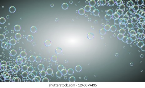 Soap bubble. Detergent bath foam and suds for bathtub. Shampoo. 3d vector illustration layout. Minimal fizz and splash. Realistic water frame and border. Grey colorful liquid soap bubble.