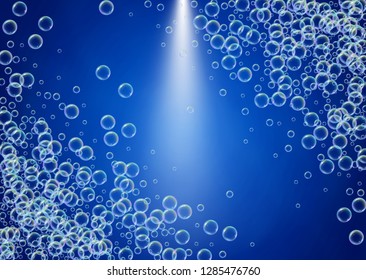 Soap bubble. Detergent bath foam and suds for bathtub. Shampoo. 3d vector illustration poster. Minimal fizz and splash. Realistic water frame and border. Blue colorful liquid soap bubble.
