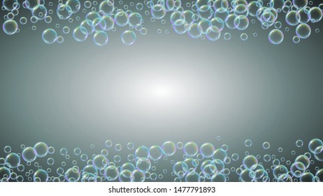 Soap bubble. Detergent bath foam and suds for bathtub. Shampoo. Vibrant fizz and splash. Realistic water frame and border. 3d vector illustration layout. Grey colorful liquid soap bubble.