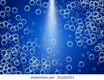 Soap bubble. Detergent bath foam and suds for bathtub. Shampoo. 3d vector illustration layout. Minimal fizz and splash. Realistic water frame and border. Blue colorful liquid soap bubble.