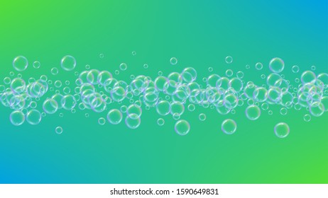 Soap bubble. Detergent bath foam and suds for bathtub. Shampoo. Stylish fizz and splash. Realistic water frame and border. 3d vector illustration banner. Green colorful liquid soap bubble.