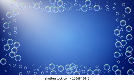 Soap bubble. Detergent bath foam and suds for bathtub. Shampoo. 3d vector illustration poster. Bright fizz and splash. Realistic water frame and border. Blue colorful liquid soap bubble.