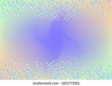 Soap bubble. Detergent bath foam and suds for bathtub. Shampoo. Stylish fizz and splash. Realistic water frame and border. 3d vector illustration template. Rainbow colorful liquid soap bubble.
