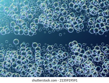 Seifenblase. Waschmittel-Badschaum und Schläuche für die Badewanne. Shampoo. 3D-Vektorgrafik-Banner. Aqua Blue Sekt und Spritze. Realistischer Wasserrahmen und Rahmen. farbige Seifenblase.