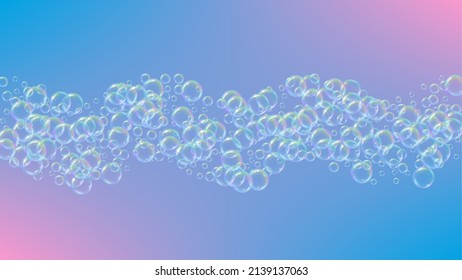 Soap bubble. Detergent bath foam and suds for bathtub. Shampoo. 3d vector illustration layout. Aqua fizz and splash. Realistic water frame and border. Rainbow colorful liquid soap bubble.