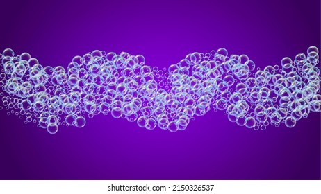 Soap bubble. Detergent bath foam and suds for bathtub. Shampoo. 3d vector illustration concept. Stylish fizz and splash. Realistic water frame and border. Purple colorful liquid soap bubble.