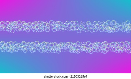 Soap bubble. Detergent bath foam and suds for bathtub. Shampoo. 3d vector illustration layout. Stylish fizz and splash. Realistic water frame and border. Purple colorful liquid soap bubble.