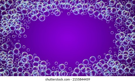 Soap bubble. Detergent bath foam and suds for bathtub. Shampoo. 3d vector illustration template. Trendy fizz and splash. Realistic water frame and border. Purple colorful liquid soap bubble.