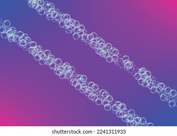 Soap bubble. Detergent bath foam and suds for bathtub. Shampoo. 3d vector illustration layout. Creative fizz and splash. Realistic water frame and border. Purple colorful liquid soap bubble.