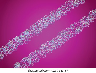 Soap bubble. Detergent bath foam and suds for bathtub. Shampoo. Stylish fizz and splash. Realistic water frame and border. 3d vector illustration layout. Purple colorful liquid soap bubble.