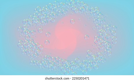 Soap bubble. Detergent bath foam and suds for bathtub. Shampoo. 3d vector illustration banner. Minimal fizz and splash. Realistic water frame and border. Purple colorful liquid soap bubble.