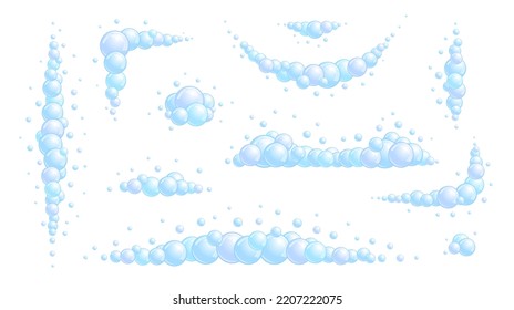 Soap bubble dividers set. Different foam decoration elements collection. Blue suds clouds borders. Vector