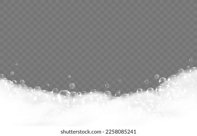 Espuma de burbujas de jabón, champú de baño. Agua de lavado, bañera limpia, detergente con jabón. Lavando el agua de la ducha. Textura realista aislada en un fondo transparente. Antecedentes neotericos vectoriales 3d