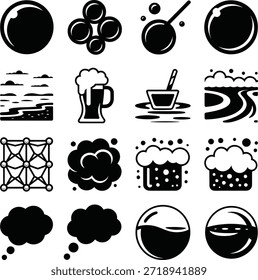 Burbuja de jabón y espuma icono conjunto. Contiene burbujas, espuma de cerveza, olas del mar, nubes, reacciones químicas y superficies líquidas.