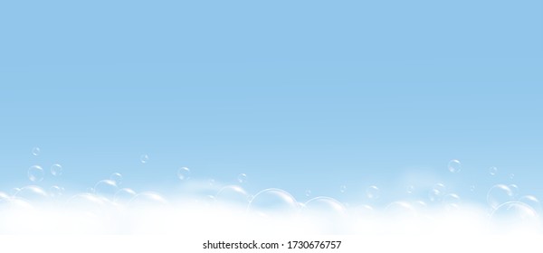 Soap bubble foam on blue background. Detergent realistic vector concept. Shampoo bubbles texture illustration.