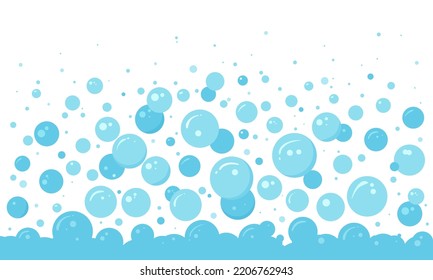 Soap bubble, foam vector background, water suds pattern, laundry, soda effect, blue air border. Abstract illustration