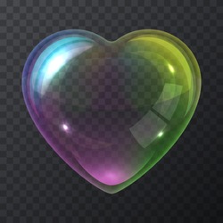 Soap Bubble Heart Isolated On A Transparent Background. Vector Illustration Of A Rainbow Shiny Soap Bubble Made In The Form Of A Heart Shape.