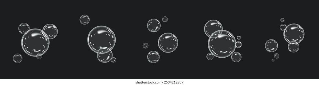 Ícone de bolha de sabão. Bolhas de sabão realistas e transparentes com brilho. Efeito de espuma de sabão. Ilustração vetorial. 