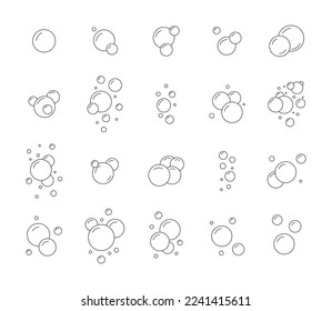 Seifenblase-Symbole, Line-Shampoo-Schaum. Sauerstoff-Schild, Natronensymbol, Wasser in Dusche, Luftfizzy-Bälle, Meerfizz und Badgel. Kreiselairtropfen. Verschiedene Kompositionen. Vektorgrafik-Kurzfassung