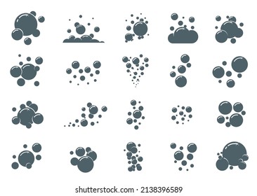 Soap bubble icons. Simple monochrome air froth compositions. Soda water fizzy effect. Black boiling silhouettes. Foam graphics. Shampoo or powder scum. Vector isolated